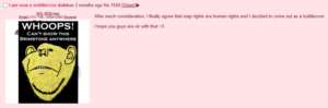 A post on Jaksoy.party of someone pretending to be Dobkun announcing his outcoming as a toddlercon.